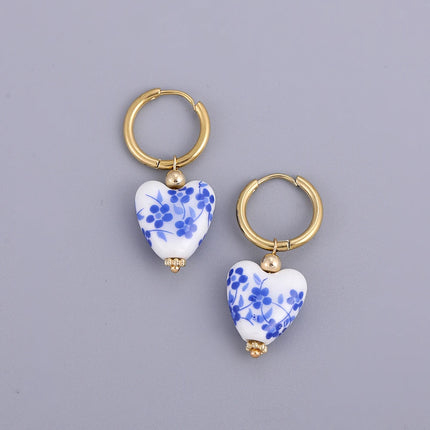 Asymmetric Ceramic Flower & Pearl Hoop Earrings