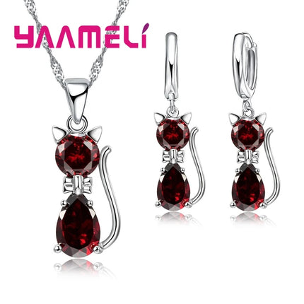 925 Sterling Silver Cat Jewelry Set - Austrian Crystal Necklace & Earrings for Women