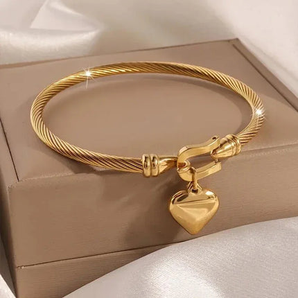 18K Gold Stainless Steel Heart Bangle - Pendant Charm Bracelet for Women & Men