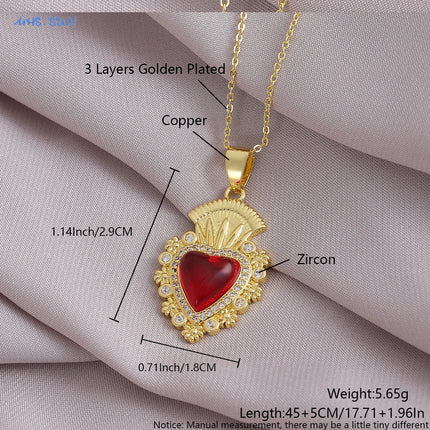 Sacred Red Heart Cross Necklace - Gold Plated Cubic Zircon Pendant