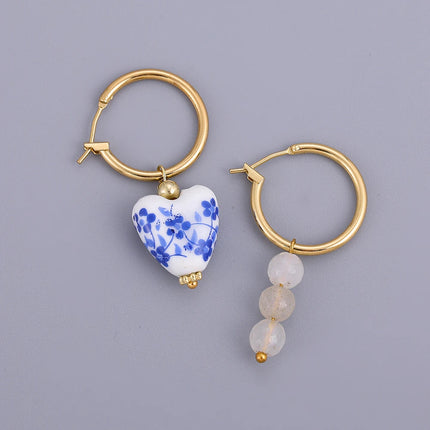 Asymmetric Ceramic Flower & Pearl Hoop Earrings