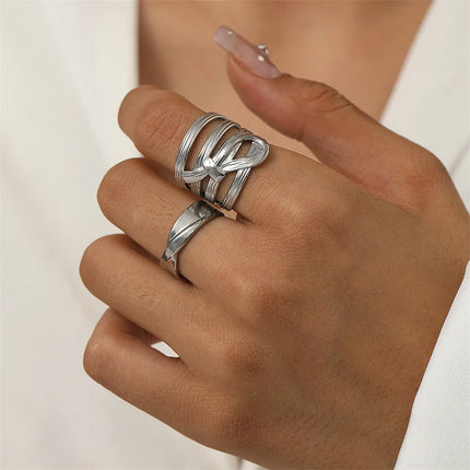 316L Stainless Steel Cross & Bowknot Ring Set - Adjustable 2-Piece Set for Women