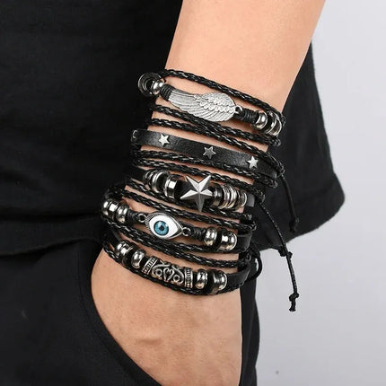 Evil Eye Wing Star Bracelet Set - 5-Piece DIY Braided Punk PU Leather & Beads