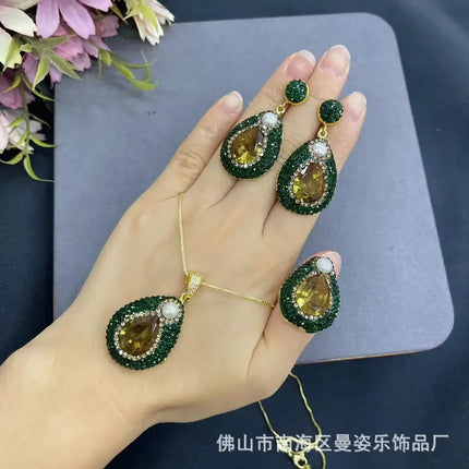 Sultan Stone Turkish Jewelry Set - Pearl Three-Piece Necklace Earrings Ring