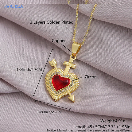 Sacred Red Heart Cross Necklace - Gold Plated Cubic Zircon Pendant
