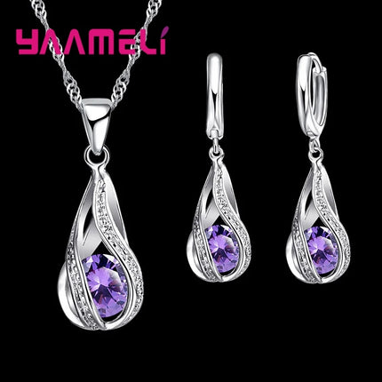 Water Drop CZ Jewelry Set - 925 Sterling Silver Plated Necklace & Earrings for Women