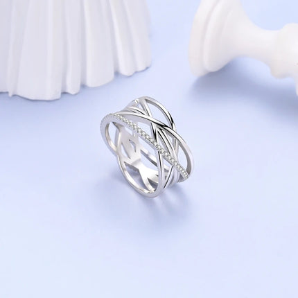 925 Silver Interwoven Line Ring - Zircon Geometric Winding Engagement Ring