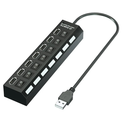 7-Port USB Hub with Power Adapter - Multi-Port Splitter with On/Off Switches