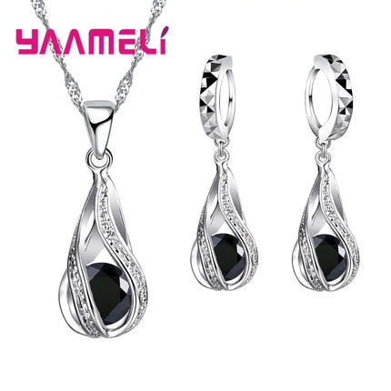 Water Drop CZ Jewelry Set - 925 Sterling Silver Plated Necklace & Earrings for Women