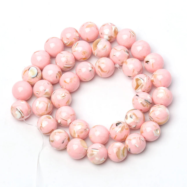 Pink Trochus Shell & Turquoise Beads - Round Smooth Loose Beads for DIY Jewelry (12mm)