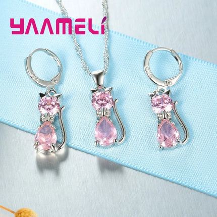 925 Sterling Silver Cat Jewelry Set - Austrian Crystal Necklace & Earrings for Women