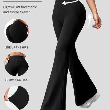 Women's High Waist Micro Flare Yoga Pants - Extended Length  Slimming Sharkskin  Horseshoe Pants 4-Way Stretch