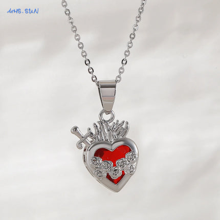 Sacred Red Heart Cross Necklace - Gold Plated Cubic Zircon Pendant