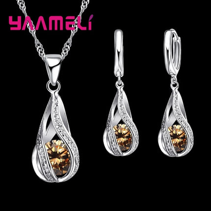 Water Drop CZ Jewelry Set - 925 Sterling Silver Plated Necklace & Earrings for Women
