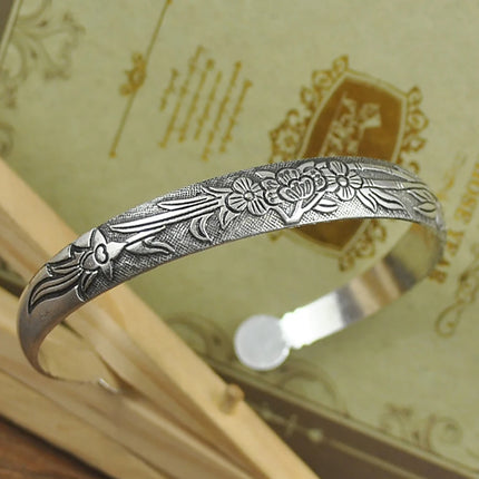 Retro Tibetan Silver Cuff Bracelets - Metal Carved Fish Elephant Flower Bangles