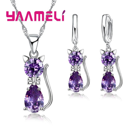 925 Sterling Silver Cat Jewelry Set - Austrian Crystal Necklace & Earrings for Women