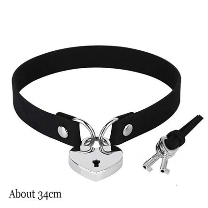 Black Punk Choker Necklace - PU Leather Heart Lock Key Spike Gothic Collar