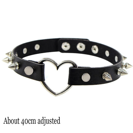Black Punk Choker Necklace - PU Leather Heart Lock Key Spike Gothic Collar