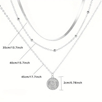 Multi-Layer Chain Necklace - Silver Three-Layer Snake Bone & Round Bead Design for Women
