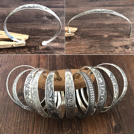 Retro Tibetan Silver Cuff Bracelets - Metal Carved Fish Elephant Flower Bangles