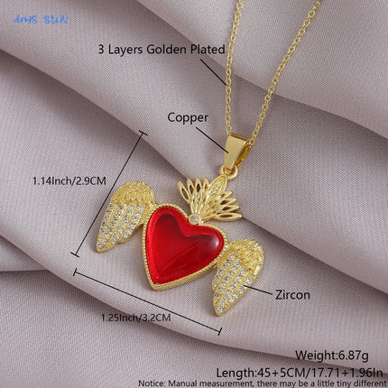 Sacred Red Heart Cross Necklace - Gold Plated Cubic Zircon Pendant