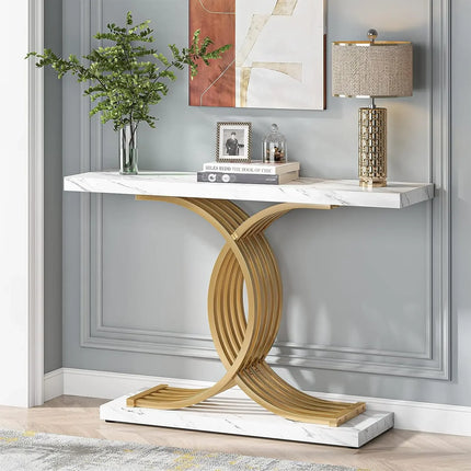 Gold Console Table - Faux Marble Entryway Table 39"