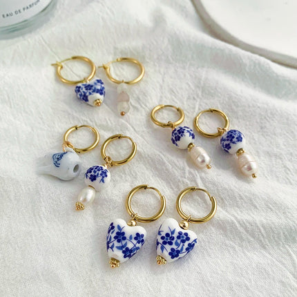Asymmetric Ceramic Flower & Pearl Hoop Earrings