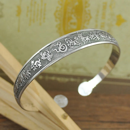 Retro Tibetan Silver Cuff Bracelets - Metal Carved Fish Elephant Flower Bangles