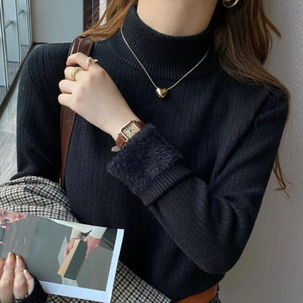 Fleece-Lined Turtleneck Sweater - Thermal Knit Pullover