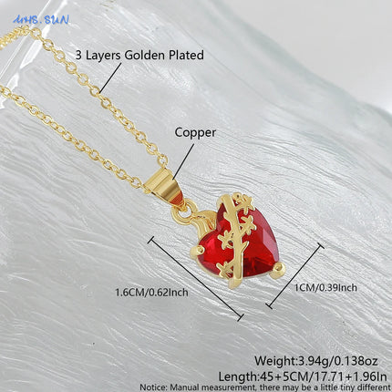 Sacred Red Heart Cross Necklace - Gold Plated Cubic Zircon Pendant
