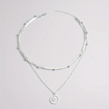Multi-Layer Chain Necklace - Silver Three-Layer Snake Bone & Round Bead Design for Women