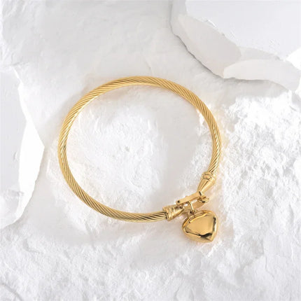 18K Gold Stainless Steel Heart Bangle - Pendant Charm Bracelet for Women & Men