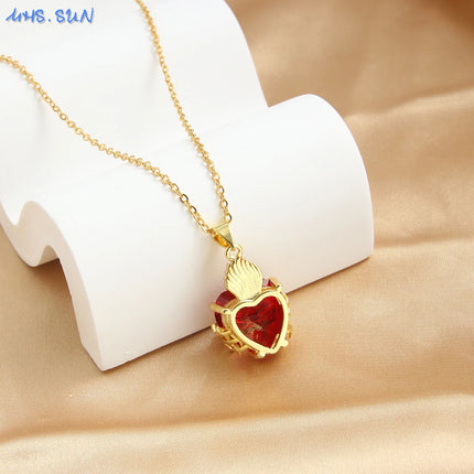 Sacred Red Heart Cross Necklace - Gold Plated Cubic Zircon Pendant