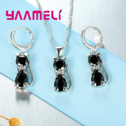 925 Sterling Silver Cat Jewelry Set - Austrian Crystal Necklace & Earrings for Women
