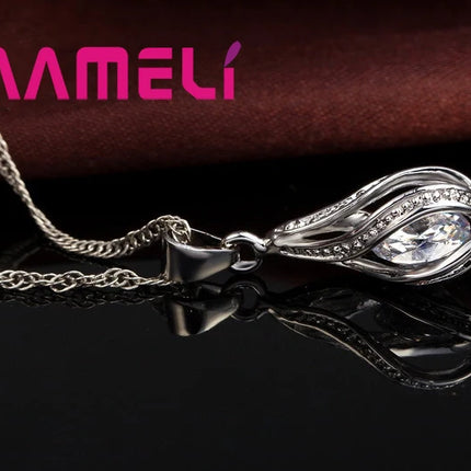 Water Drop CZ Jewelry Set - 925 Sterling Silver Plated Necklace & Earrings for Women