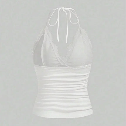 Lace Patchwork Halter Top - Backless Tank Top
