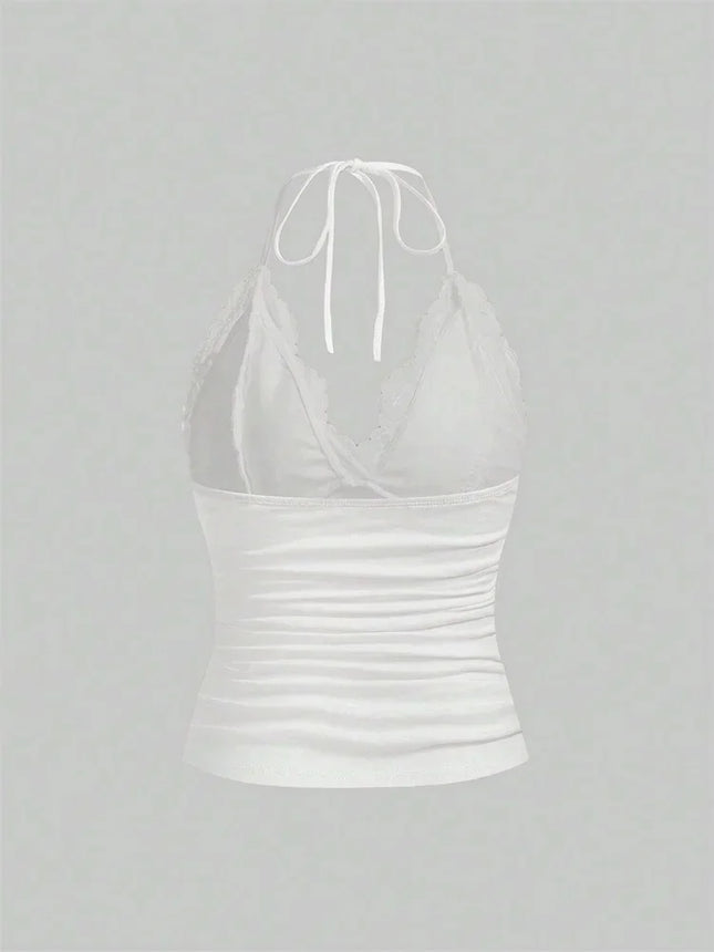 Lace Patchwork Halter Top - Backless Tank Top