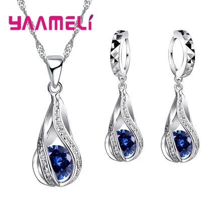 Water Drop CZ Jewelry Set - 925 Sterling Silver Plated Necklace & Earrings for Women