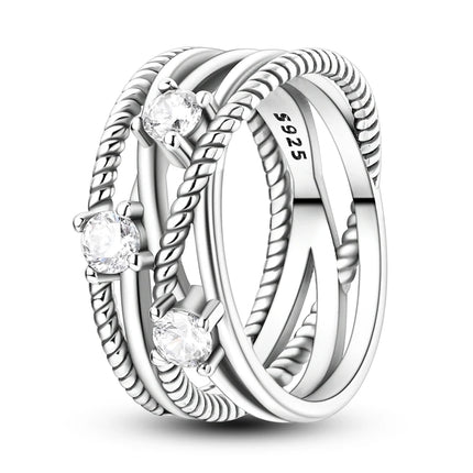 925 Silver Interwoven Line Ring - Zircon Geometric Winding Engagement Ring