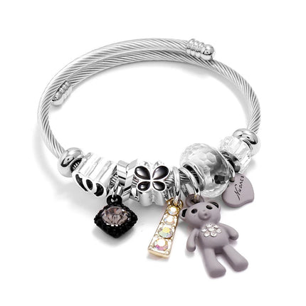 Stainless Steel Pink Bear Charm Bracelet - Heart & Love Cuff Bangle