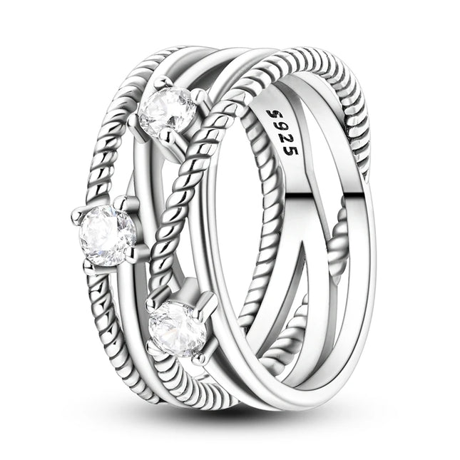 925 Silver Interwoven Line Ring - Zircon Geometric Winding Engagement Ring