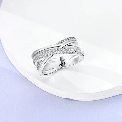 925 Silver Interwoven Line Ring - Zircon Geometric Winding Engagement Ring