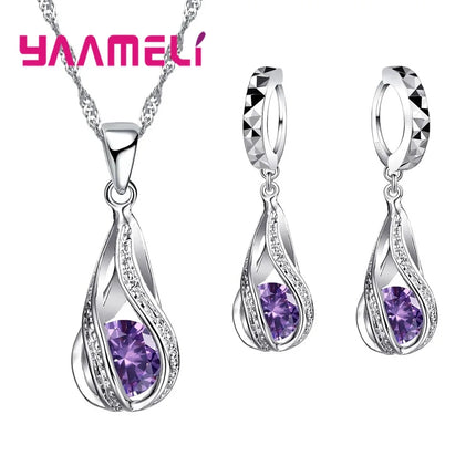 Water Drop CZ Jewelry Set - 925 Sterling Silver Plated Necklace & Earrings for Women