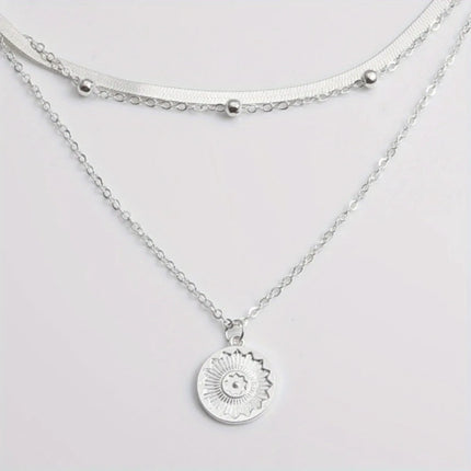 Multi-Layer Chain Necklace - Silver Three-Layer Snake Bone & Round Bead Design for Women