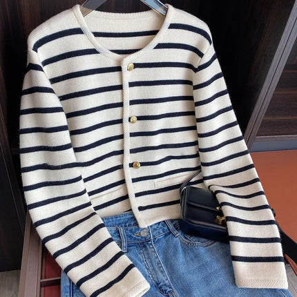 Stripe Knitted Cardigan Women Spring Autumn O-neck Single Breasted Long Sleeve Crop Tops Fashion Casual Chic Female Sweaters