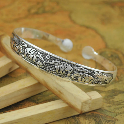 Retro Tibetan Silver Cuff Bracelets - Metal Carved Fish Elephant Flower Bangles