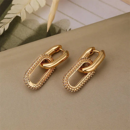 Shiny Rhinestone Geometric Earrings - Light Luxury Elliptical Double Ring for Women