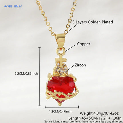 Sacred Red Heart Cross Necklace - Gold Plated Cubic Zircon Pendant