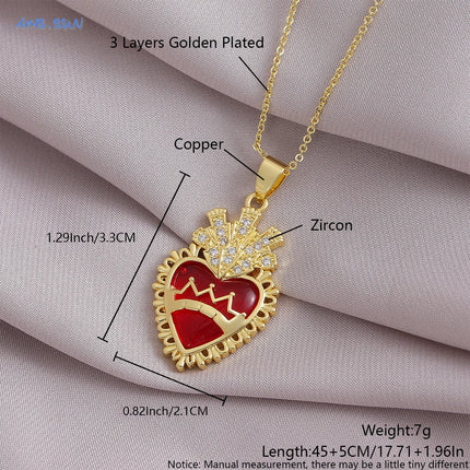 Sacred Red Heart Cross Necklace - Gold Plated Cubic Zircon Pendant