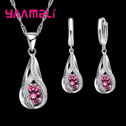 Water Drop CZ Jewelry Set - 925 Sterling Silver Plated Necklace & Earrings for Women